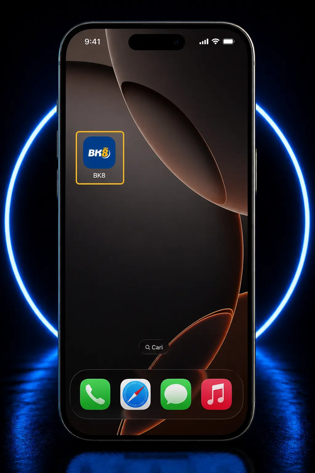 Step-by-step guide showing how to install the BK8 app on iOS using Safari, trust profile settings, and launch from home screen
